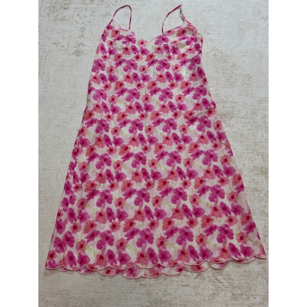 Natori Neiman Marcus Pink Floral Cotton Chemise Nightgown Scallop XS F89877